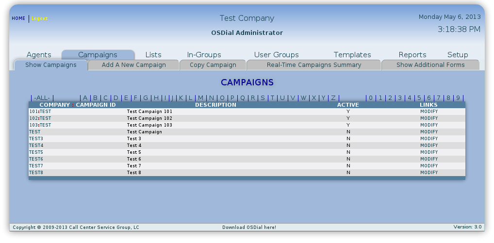 screenshot of the campaigns interface